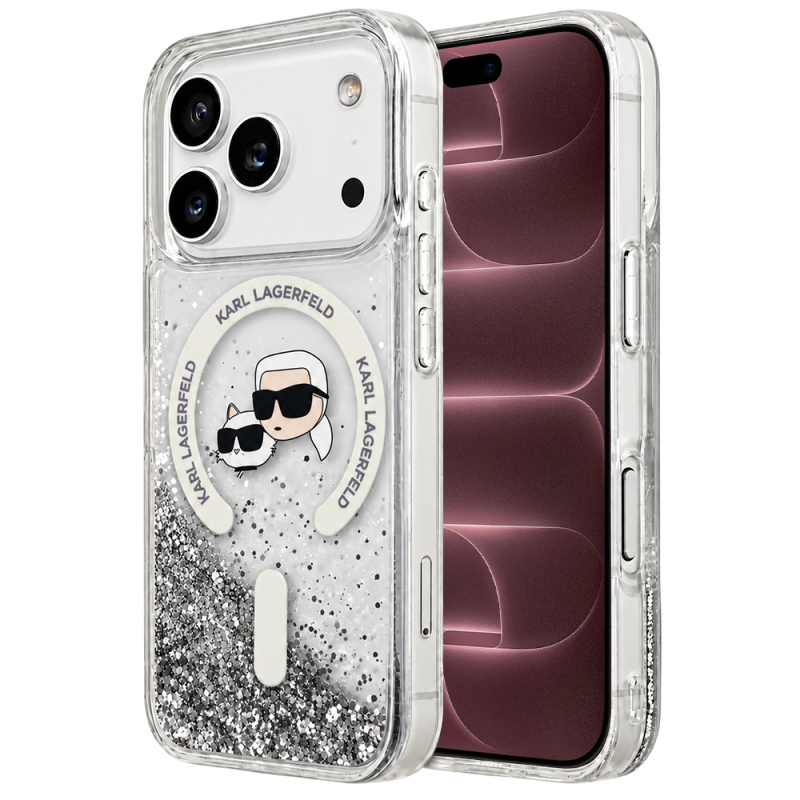 Husa MagSafe pentru Apple iPhone 18 Pro Max / 17 Pro Max, Karl Lagerfeld, Liquid Glitter Karl & Choupette Head\'s, Transparenta