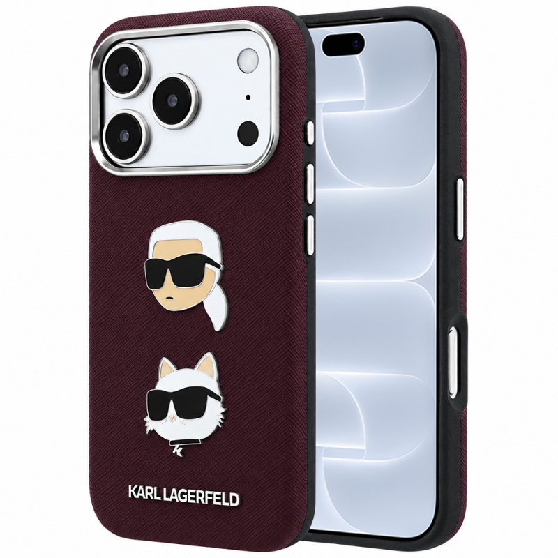 Husa pentru Apple iPhone 18 Pro / 17 Pro, Karl Lagerfeld, Saffiano with Karl & Choupette Head\'s Pin and Logo, Visinie