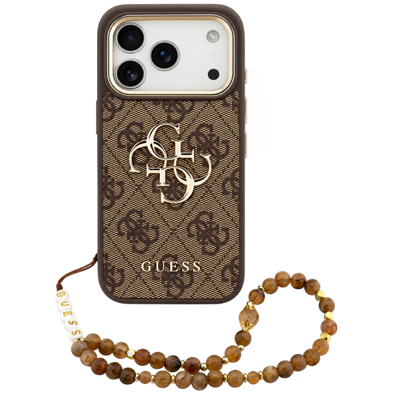 Husa pentru Apple iPhone 18 Pro Max / 17 Pro Max, Guess, 4G Classic Logo with Strap, Maro Aurie