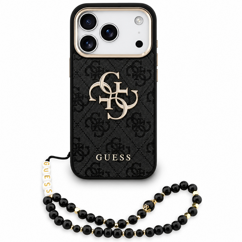 Husa pentru Apple iPhone 18 Pro Max / 17 Pro Max, Guess, 4G Classic Logo with Strap, Neagra Aurie