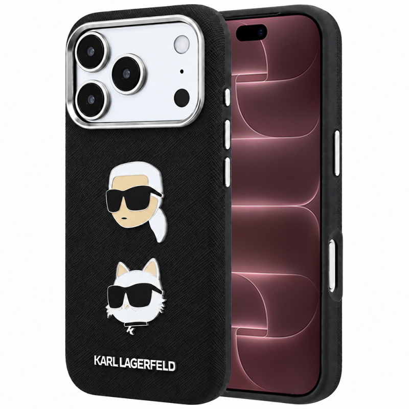 Husa pentru Apple iPhone 18 Pro Max / 17 Pro Max, Karl Lagerfeld, Saffiano with Karl & Choupette Head\'s Pin and Logo, Neagra