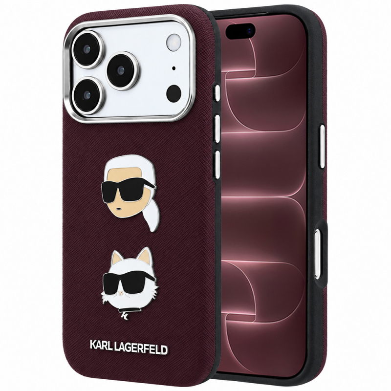 Husa pentru Apple iPhone 18 Pro Max / 17 Pro Max, Karl Lagerfeld, Saffiano with Karl & Choupette Head\'s Pin and Logo, Visinie